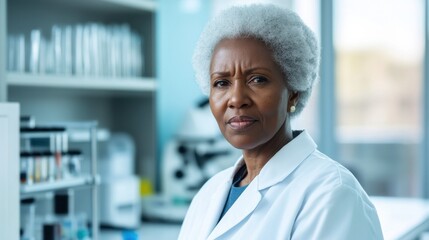 A senior female scientist is pictured in a laboratory setting, displaying a serious expression. Her experience in research highlights her dedication and expertise in the scientific community.
