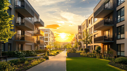 Fototapeta premium A well-designed affordable housing complex with energy-efficient features in a bustling city.
