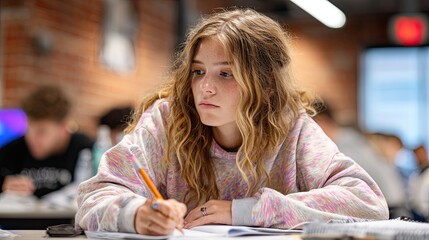 Student studying at school with a pencil in hand