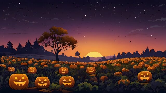 Landscape of a halloween pumpkin patch at the magical hour of twilight. The sky is a smooth, clean gradient of deep purple to soft orange, with a few simple stars twinkling above. 