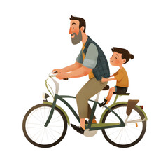Naklejka premium A cartoon illustration of a happy father riding a bicycle with his smiling child, perfect for family and lifestyle content.