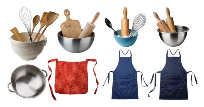 Kitchen Utensils and Aprons for Baking and Cooking Preparation, isolated on transparent background
