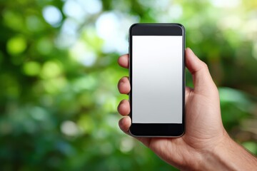 Close-up of hand holding smartphone with a blank screen over blurred background