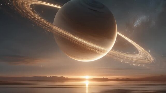 Gaseous Planet With Ring System Hovering Above Water Surface at Sunrise Reflecting Light With Distant Cityscape in Warm Orange and Blue Hues