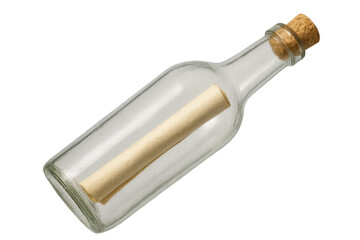 Glass bottle holding crumpled paper message, sealed with cork, symbolizing nautical communication against transparent backdrop