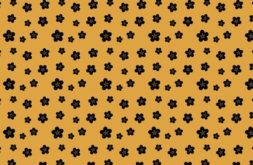 Black flower shapes are scattered across an orange background forming a seamless floral pattern