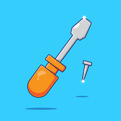 Orange professional screwdriver and screw metal tools construction repair illustration isolated with cute design and simple concept
