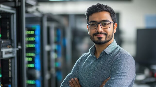 A confident South Asian male IT technician poses in a server room, showcasing his skills and professionalism in a dynamic technology environment.