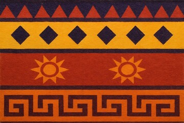 Vibrant Southwestern Style Tapestry with Diamond, Sun, and Spiral Patterns, Warm Desert Sunset Color Palette Background