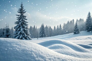 Obraz premium Serene Winter Wonderland: Snow-Covered Landscape with Falling Snow and Pine Trees