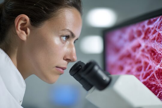 Female scientist analyzing microscopic images on a computer monitor