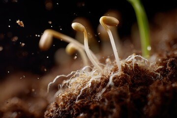 Macro image of tiny seeds sprouting from soil with delicate roots visible