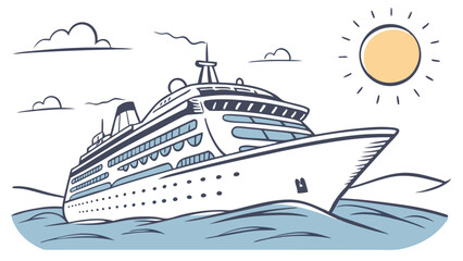 Naklejka premium Illustration of a large cruise ship sailing on the ocean under a sunny sky with clouds in the background