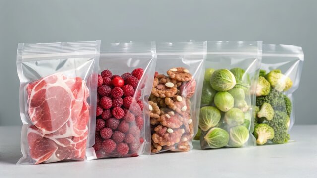 Assortment of fresh foods packaged in clear resealable plastic bags