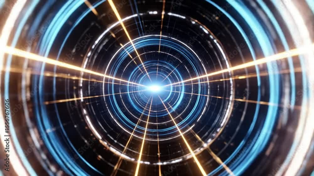 Poster abstract digital tunnel with blue and gold lights inside perspective view with glowing effect