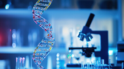 A close-up of a DNA strand model in a biotechnology research lab, with advanced lab equipment nearby.