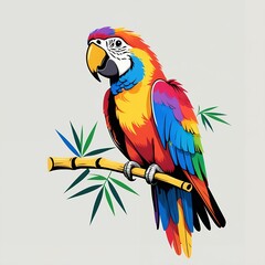 Obraz premium Colorful Macaw Parrot Perched On Bamboo Branch Against Gray Background