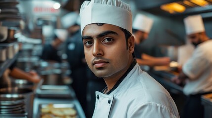 A young South Asian man wearing a chef uniform in a bustling kitchen, showcasing focus and professionalism amidst culinary activity and teamwork.