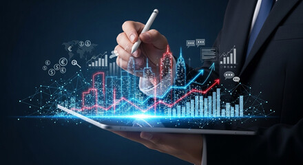 Businessman holding tablet displaying holographic financial data and city skyline overlay