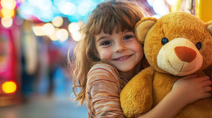 A kid holding a large stuffed animal prize won at a theme park game booth.