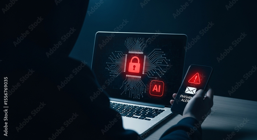 Poster person holding phone with phishing alert near laptop with ai security lock on screen in dark setting