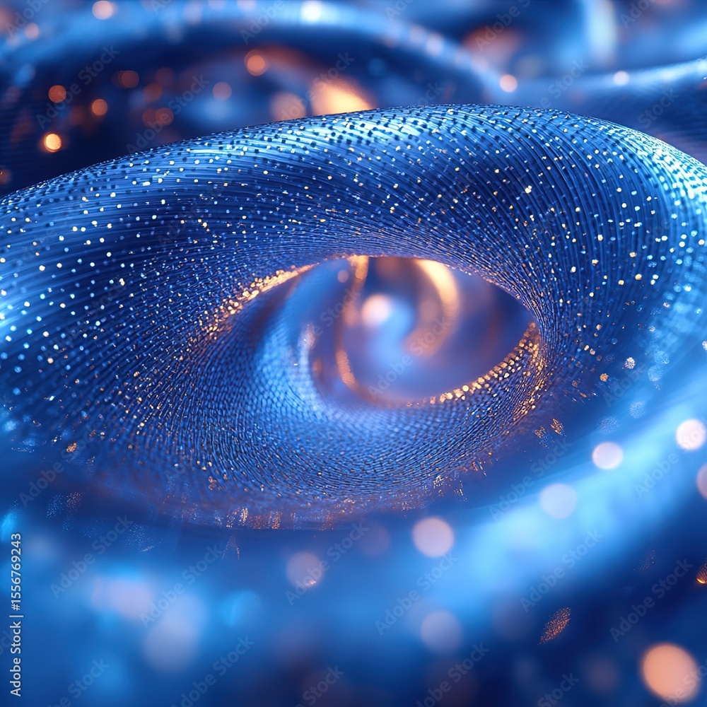 Poster abstract blue glowing swirl with golden particles, close-up macro 3d render