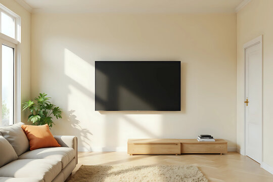 Empty living room mockup a TV wall mounted with sofa in living room with cream color wall. 3D rendering. Front view. 