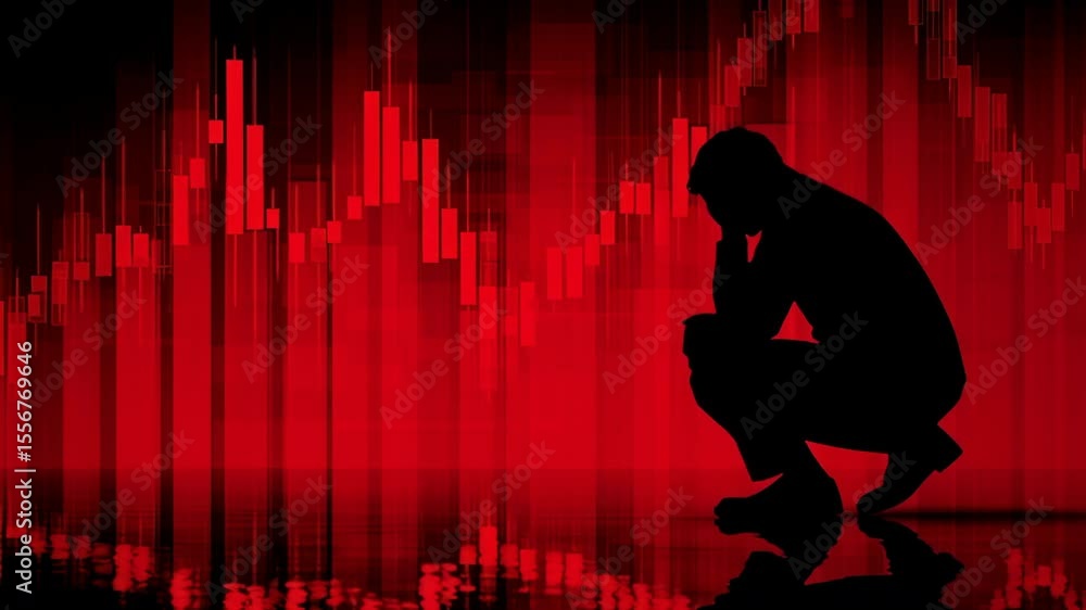 Poster a man is kneeling down in front of a red background. the background has a series of lines and the ma