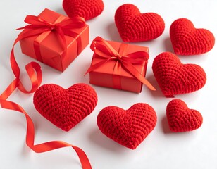 Red hearts and gifts on white
