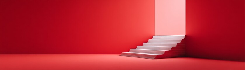Red minimalist room with stairs leading to a bright, open doorway, creating a sense of depth and contrast between light and shadow.