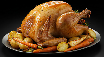 Delicious Oven Roasted Chicken Served with Herbs and Vegetables, Whole Roasted Chicken with Crispy Skin on Rustic Wooden Table, thanksgiving