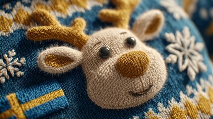 Christmas sweater with Swedish flag reindeer, fuzzy texture, floating snowflakes