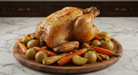 Delicious Oven Roasted Chicken Served with Herbs and Vegetables, Whole Roasted Chicken with Crispy Skin on Rustic Wooden Table, thanksgiving