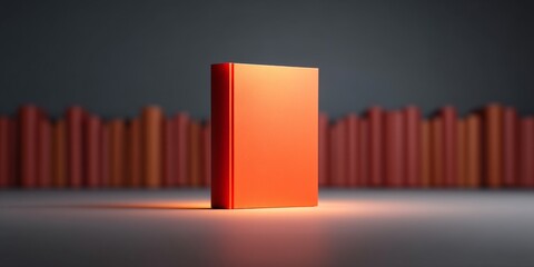 A single red book stands upright on a reflective surface, with a blurred background of similarly colored books arranged in rows.