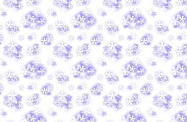 Seamless pattern featuring white flowers with soft violet halos and interspersed stars on a white background