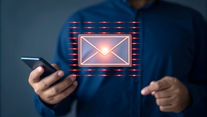 Man holding smartphone with glowing email icon and digital interface