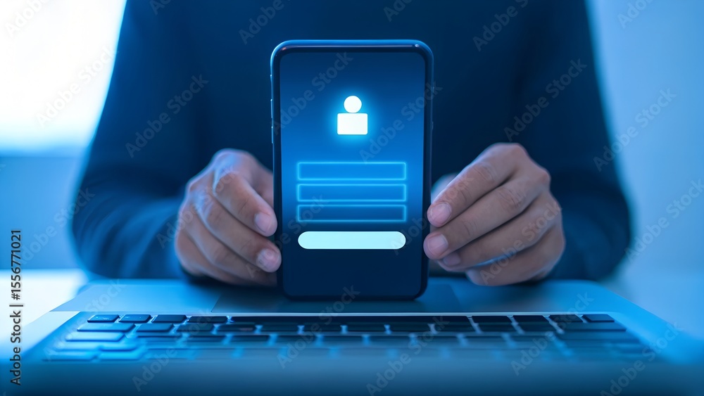 Poster person using smartphone with glowing login interface on laptop keyboard