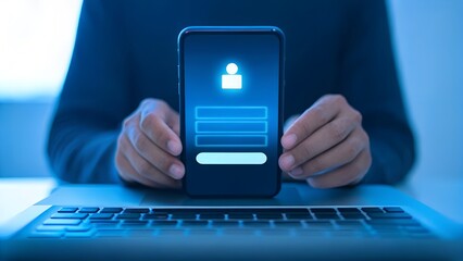 Person using smartphone with glowing login interface on laptop keyboard