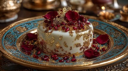 Eid dessert plate with Moroccan flag patterns, gold leaf details, floating rose petals