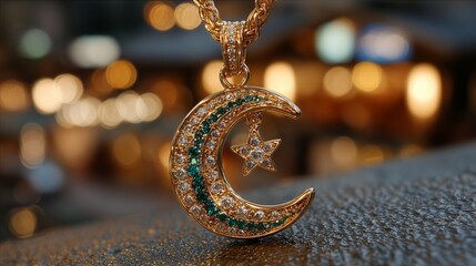Eid moon necklace with Pakistani flag crescent, gemstone sparkle, soft bokeh lights