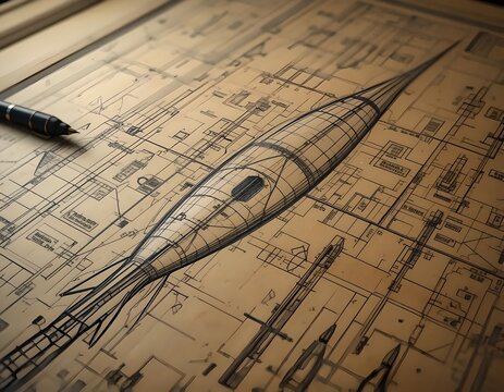 Vintage Rocket Blueprint: Futuristic Spacecraft Design