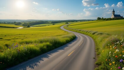 Peaceful countryside road winding through bright green meadows with colorful wildflowers under a sunny sky