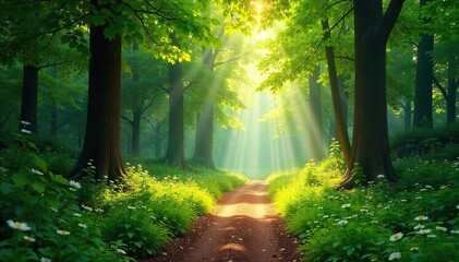 Obraz premium Magical Summer Forest Path Sunlight Dapples Lush Green Canopy, Perfect for Travel and Nature Themes