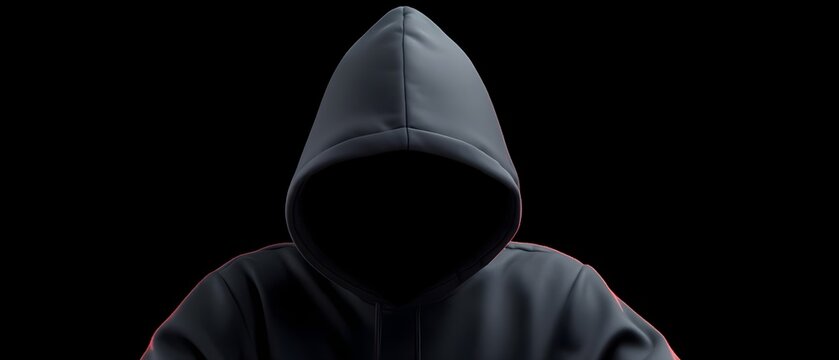 Mysterious figure in a dark hoodie against a black background - Powered by Adobe