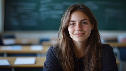 Fototapeta premium A portrait of a young woman in her twenties, smiling in a classroom. Her cheerful expression reflects her engagement in learning and education.