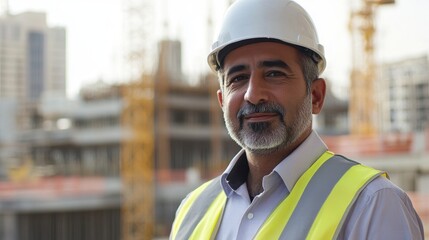 A middle-aged Middle Eastern man wearing a hard hat and safety vest stands confidently on a construction site, embodying professionalism and dedication.