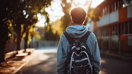 Young Boy Walking to School with Backpack in Sunlight
