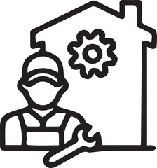 Reliable Home Repair and Maintenance Services Illustration of a Technician and Gear Inside a House Shape Symbolizing Expertise