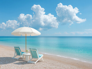 Tropical Beach with Lounge Chairs and Umbrella on a Sunny Day