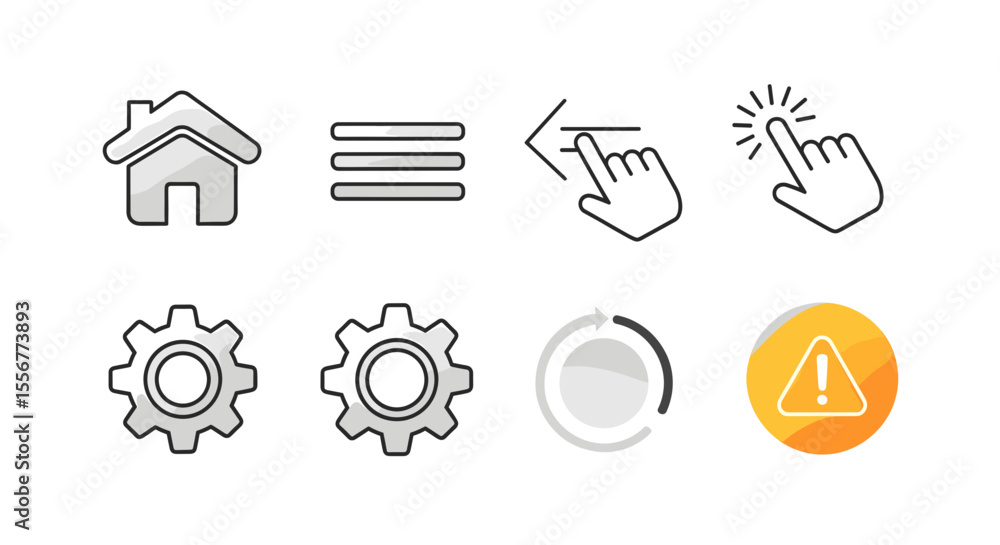 Poster depiction of interface icons including a home menu gears refresh touch and warning sign symbol set u